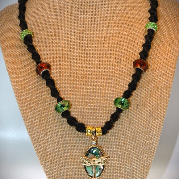 Abalone & Rhinestone Gold-toned Dragonfly on 19 1/2" Black Handmade Hemp Chain - Picture 2 of 5